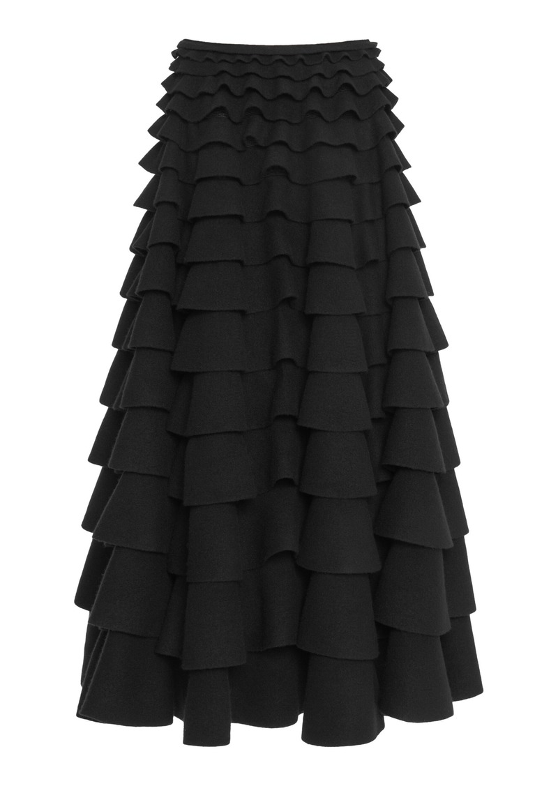 Valentino Garavani - Tiered Ruffle Wool-Blend Midi Skirt - Black - M - Moda Operandi