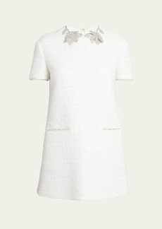 Valentino Garavani Crystal Flower Short-Sleeve Tweed Mini Dress