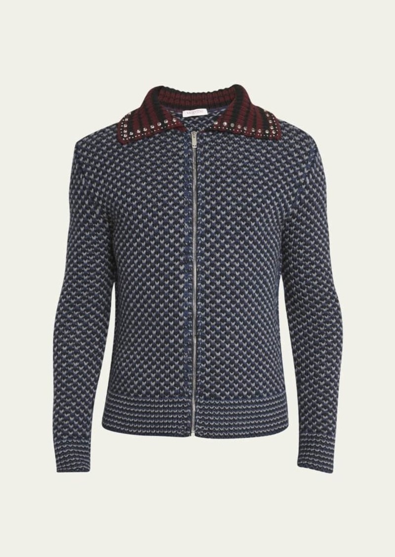 Valentino Garavani Men's Knit Blouson Jacket with Studded Collar