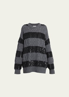 Valentino Garavani Oversize Cable-Knit Sweater with Embellished Stripes