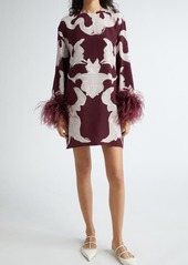 Valentino Garavani Patter Long Sleeve Feather Trim Silk Dress