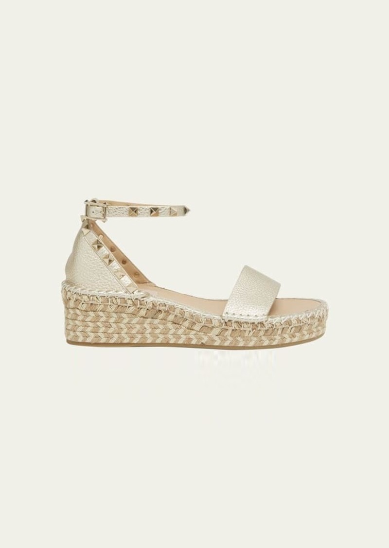 Valentino Garavani Rockstud Metallic Ankle-Strap Flatform Espadrilles