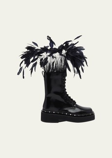 Valentino Garavani Rockstud Patent Leather Combat Boots with Feathers