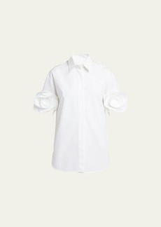 Valentino Garavani Rosette-Cuff Short-Sleeve Poplin Collared Shirt