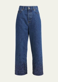 Valentino Garavani Sequin Embroidered Wide-Leg Ankle Denim Jeans