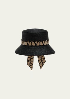 Valentino Garavani Toile Iconographe Straw Bucket Hat With V-Logo Scarf