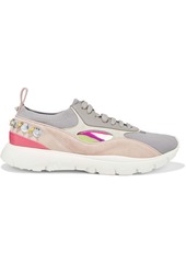 Valentino Garavani Woman Embellished Suede Leather And Stretch-knit Sneakers Gray