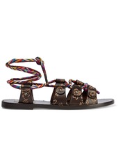 Valentino Garavani Woman Lace-up Embossed Leather And Woven Sandals Dark Brown