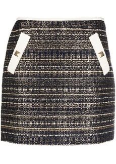 VALENTINO NAVY BLUE, WHITE AND GOLD-TONE WOOL BLEND SKIRT