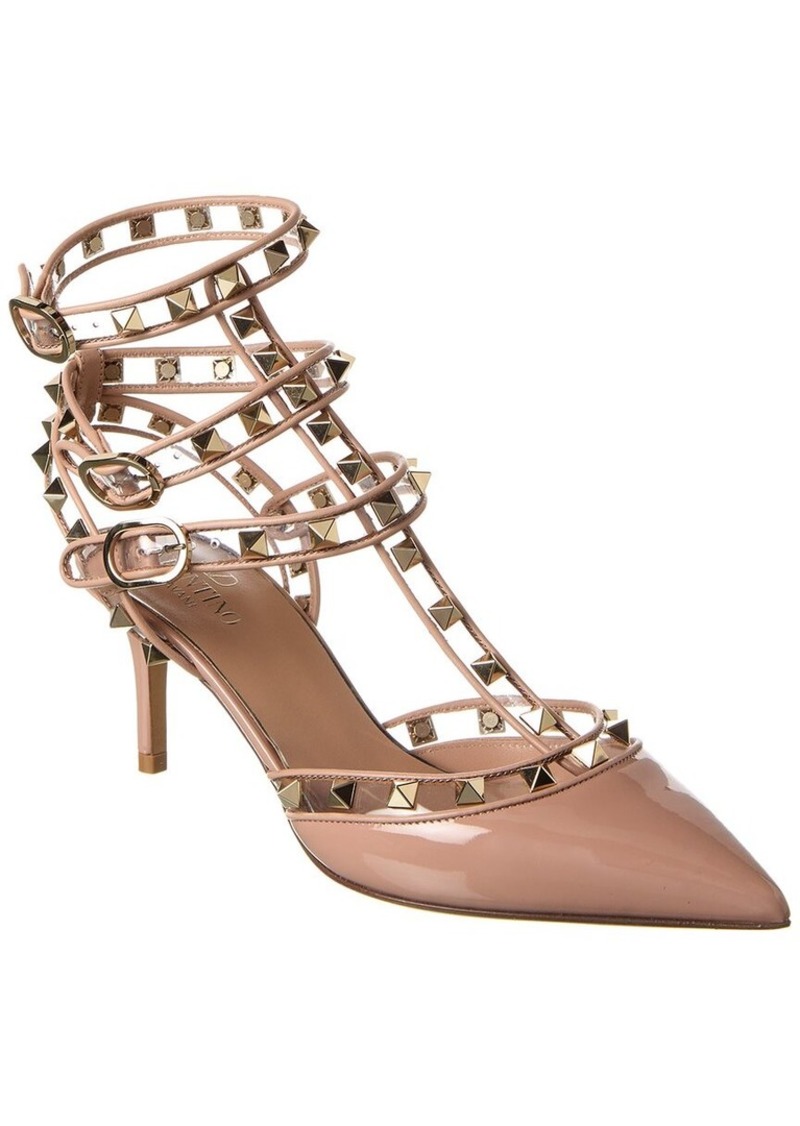 Valentino Rockstud Caged 65 Patent & Vinyl Ankle Strap Pump