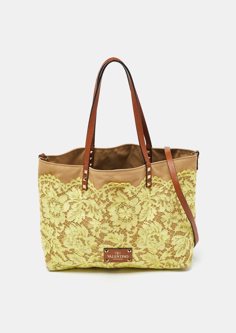 Valentino Tri Color Glamorous Lace Canvas And Leather Reversible Tote