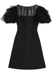Valentino Woman Embellished Tulle-paneled Wool And Silk-blend Crepe Dress Black