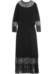 Valentino Woman Fringed Macramé-paneled Silk-crepe Midi Dress Black