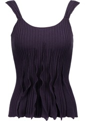 Valentino Woman Ruffled Ribbed Wool Silk And Cashmere-blend Tank Dark Purple