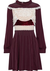 Valentino Garavani - Velvet-trimmed Chantilly lace-paneled silk-jersey mini dress - Burgundy - IT 40
