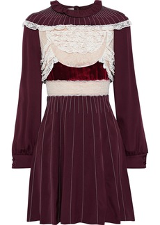 Valentino Garavani - Velvet-trimmed Chantilly lace-paneled silk-jersey mini dress - Burgundy - IT 38