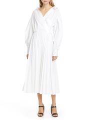 Valentino Pleated Long Sleeve Midi Wrap Dress in Bianco at Nordstrom