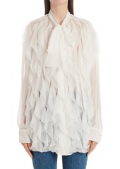 Valentino Ruffle Tie Neck Button-Up Silk Chiffon Blouse in Ivory at Nordstrom