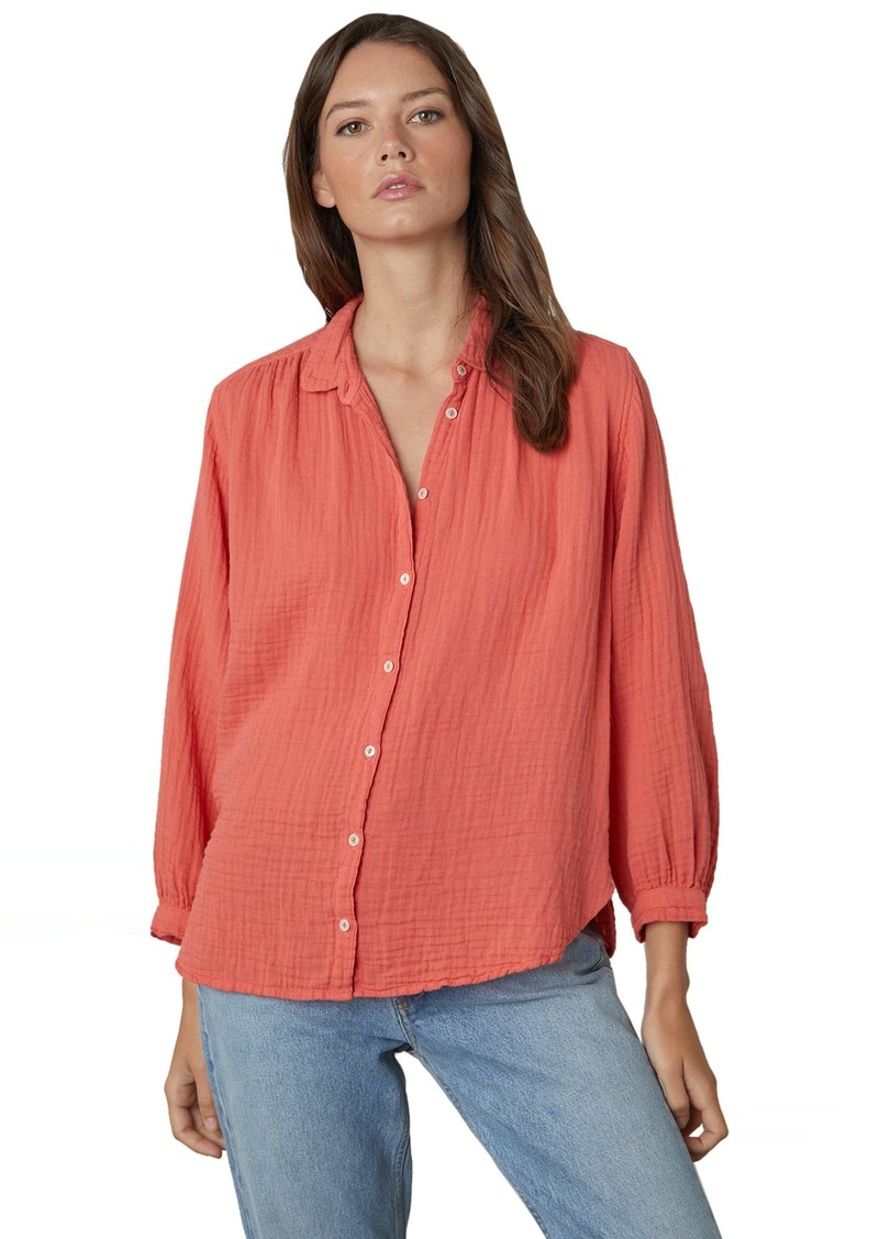 VELVET BY GRAHAM & SPENCER Women's Cleo Cotton Gauze Button Down Blouse  L