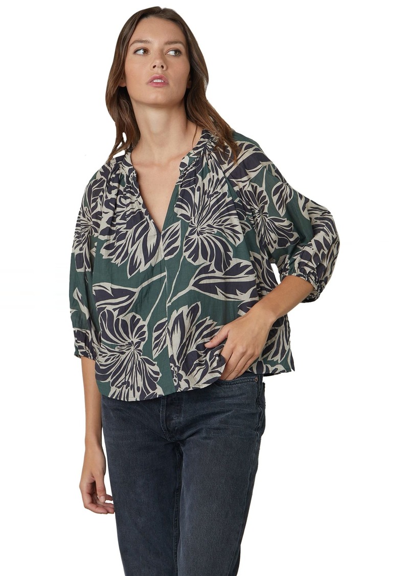 VELVET BY GRAHAM & SPENCER Women's Paola Printed Silk Cotton Voile Puff Sleeve Blouse  XS