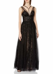 Vera Wang Women's Sleeveless Vneck Lace Gown with Overlay and Tie Neck Detail