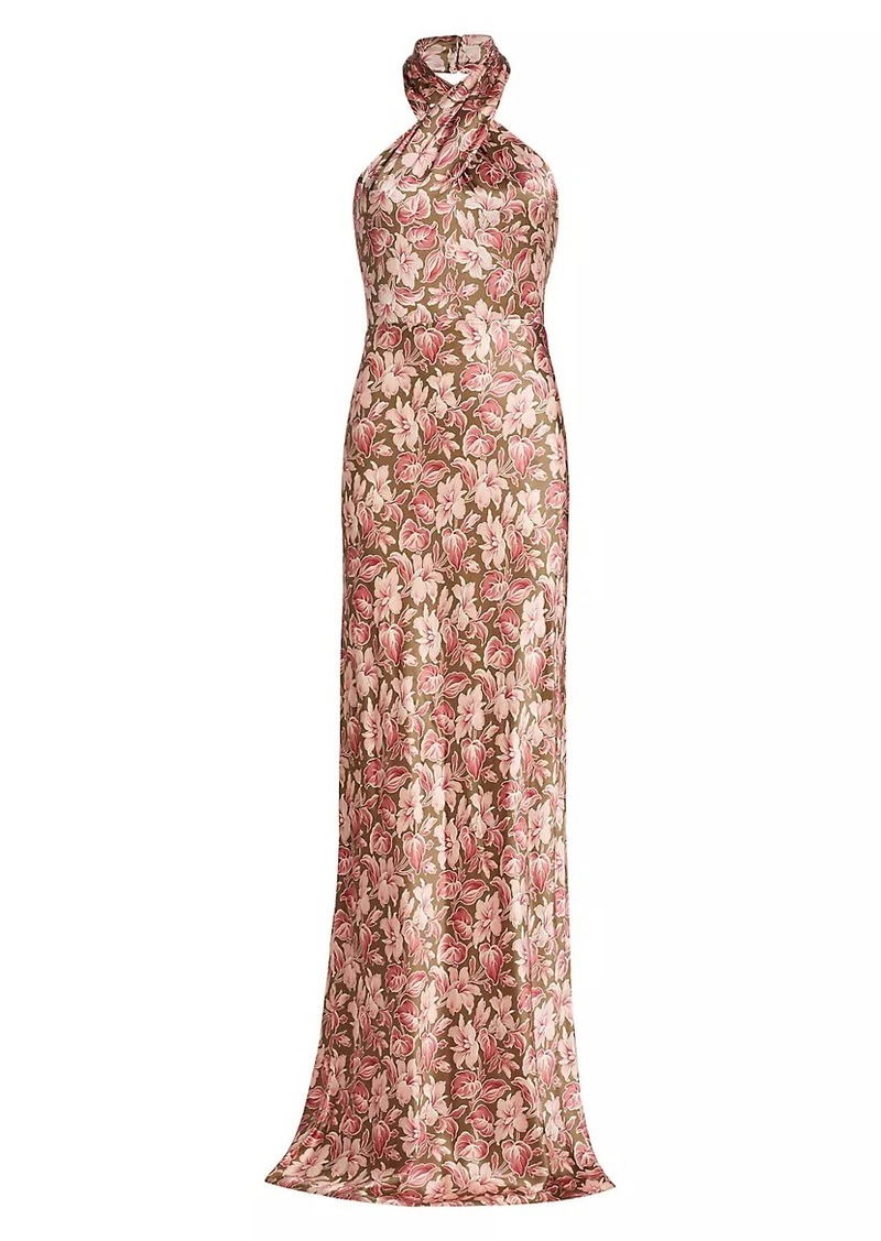 Veronica Beard Alberta Floral Silk-Blend Halter Gown