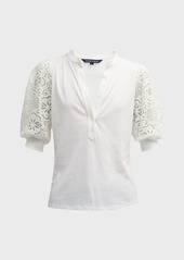 Veronica Beard Coralee Knit Button-Front Eyelet Sleeve Top 