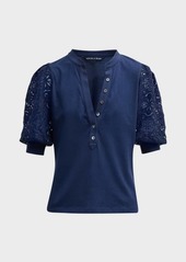 Veronica Beard Coralee Knit Button-Front Eyelet Sleeve Top 