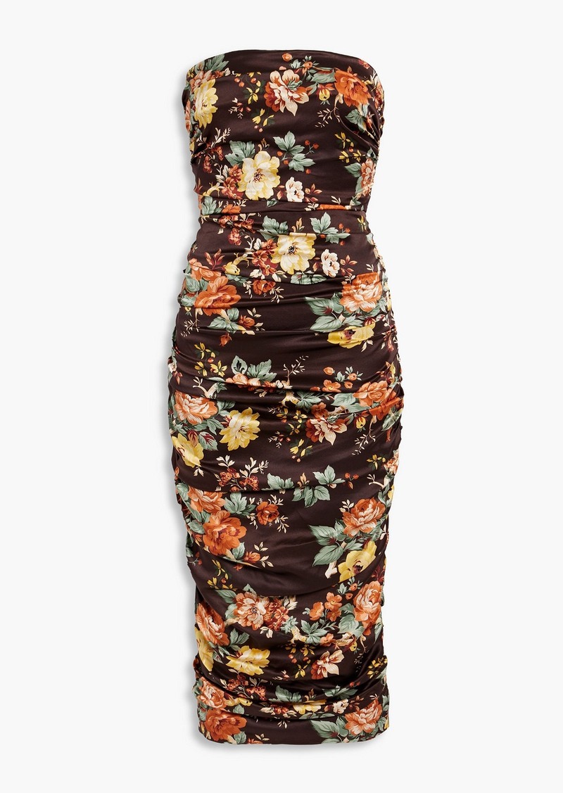 Veronica Beard - Kupa strapless floral-print stretch-silk satin midi dress - Brown - US 12