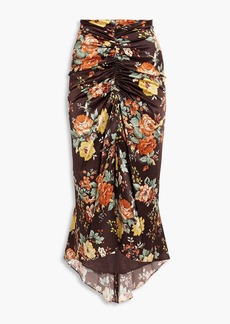 Veronica Beard - Pixie ruched floral-print stretch-silk satin midi skirt - Brown - US 8