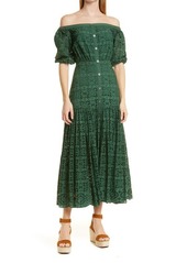 Veronica Beard Cali Off the Shoulder Eyelet Cotton Midi Dress in Forest at Nordstrom