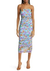 Veronica Beard Quiana Floral Ruched Strapless Midi Dress