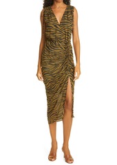 Veronica Beard Teagan Tiger Stripe Print Ruched Silk Dress
