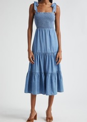 Veronica Beard Tola Tiered Cotton Blend Chambray Midi Sundress