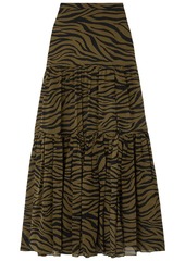 Veronica Beard Woman Serence Tiered Zebra-print Silk-chiffon Maxi Skirt Army Green