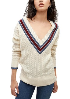 Veronica Beard Womens Cable-Knit Ribbed Trim V-Neck Sweater