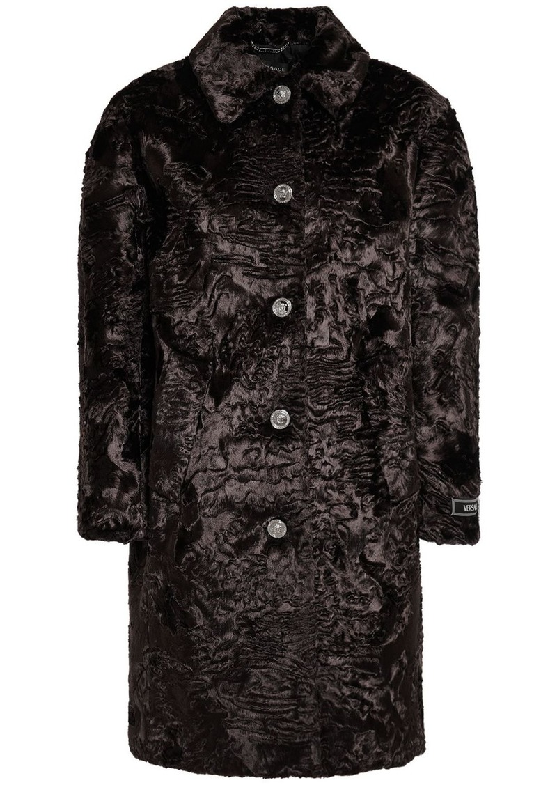 Versace Astrakan Faux Fur Logo Detail Coat