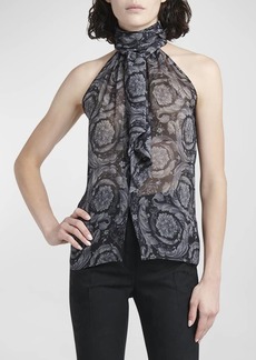 Versace Baroque Print Georgette Silk Blouse with Scarf Neckline