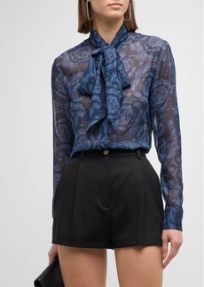 Versace Baroque-Print Neck-Tie Silk Georgette Informal Shirt