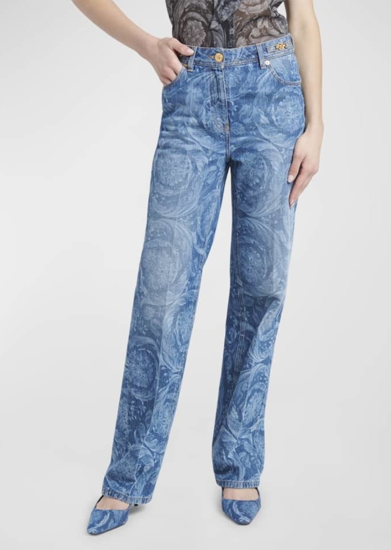 Versace Baroque-Print Stone-Washed Straight Jeans