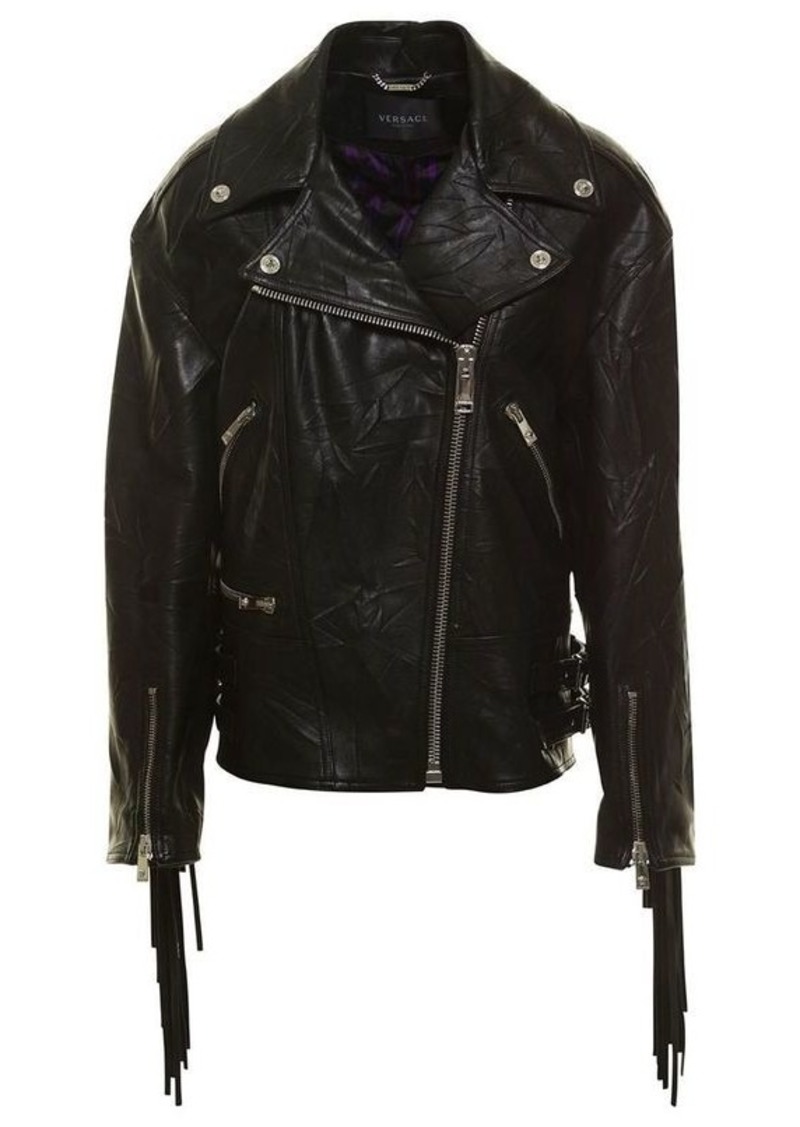 Versace Black Bker Jacket with Fringes in Leather Woman