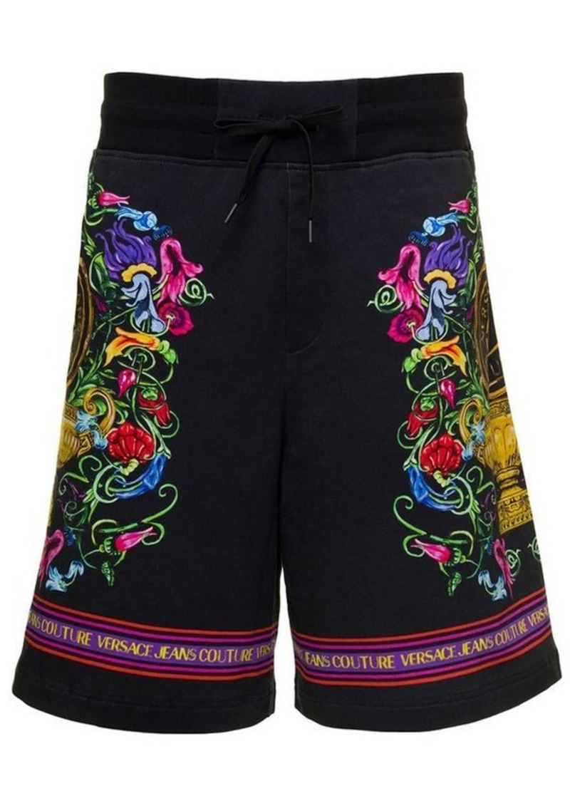 Versace Black Shorts with Floreal and Logo Lettering Print in Cotton Man
