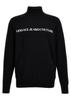 Versace Black Turtleneck with Contrasting Logo Lettering in Cotton and Cashmere Man