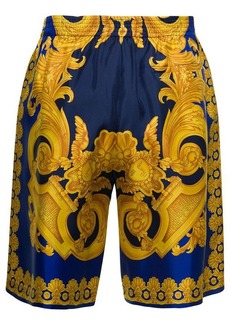 Versace Blue and Gold Shorts with All-Over Barrocco Print in Silk Man