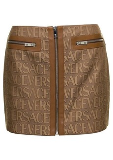 Versace Brown Mini -Skirt with All-Over Logo Lettering Print in Canvas Woman
