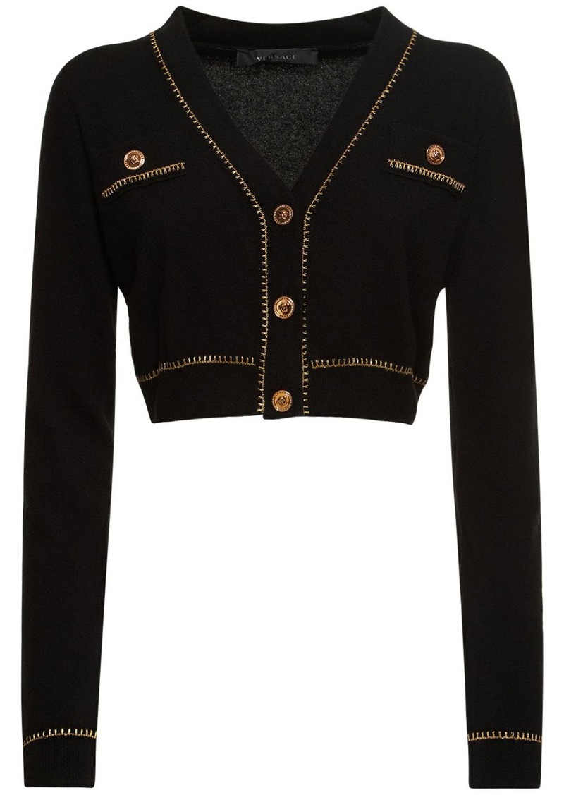 Versace Cashmere Knit Lurex Trim Crop Cardigan