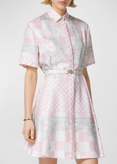 Versace Crest Damier Print Belted Silk Mini Dress
