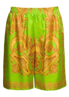 Versace Green and Gold Shorts with All-Over Barrocco Print in Silk Man