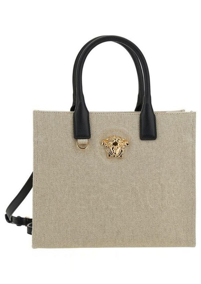 Versace 'La Medusa Small' White Tote Bag with Leather Handles and Logo Detail in Canvas Woman