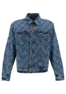 Versace Light Blue Jacket with Branded Buttons and All-Over Logo Print in Stretch Cotton Denim Man